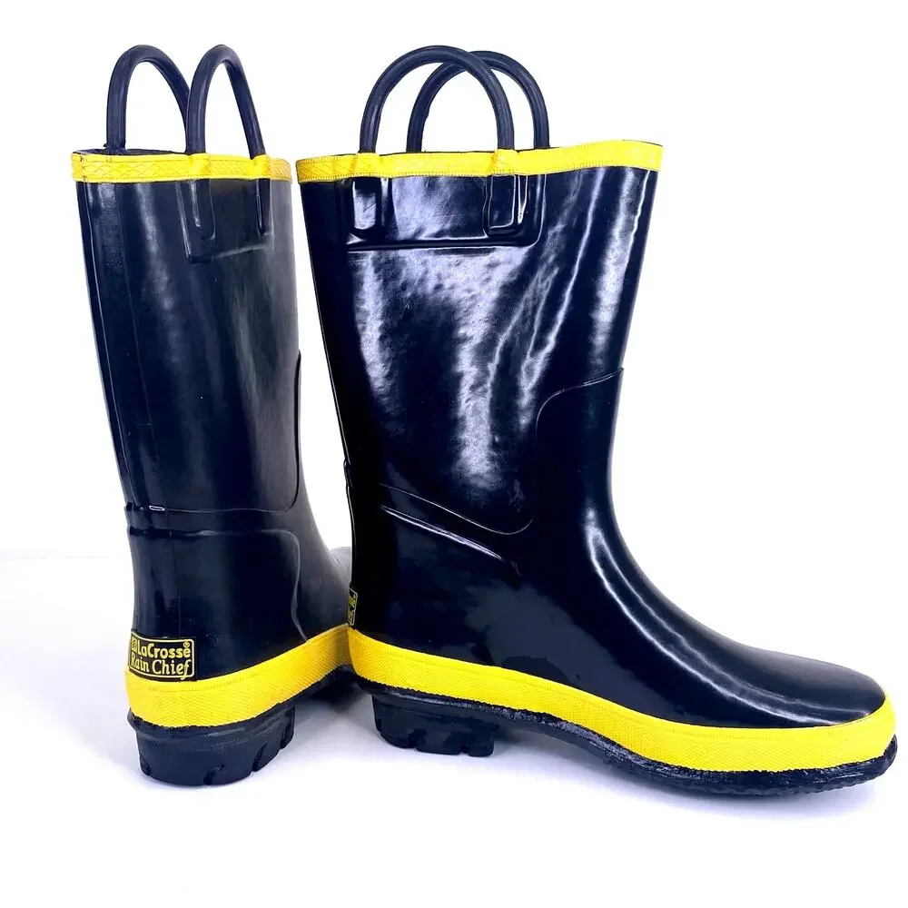 LaCrosse Rain Chief Boots Kids Sz 1 Steel Shank Black Yellow Rubber Waterproof